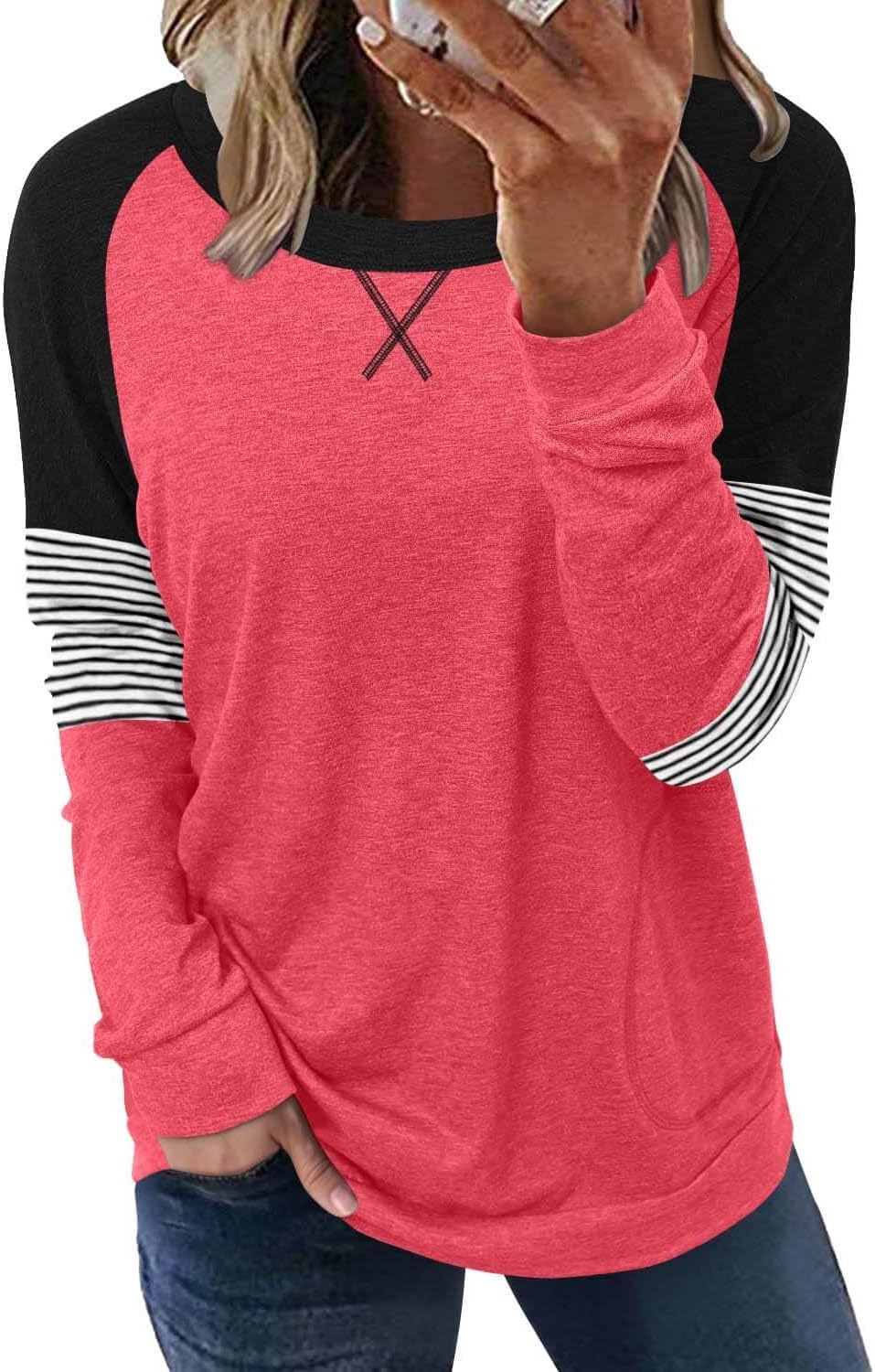 ONLYSHE Womens Crewneck Sweatshirt Casual Loose Fitting Tops Long Sleeve T Shirt